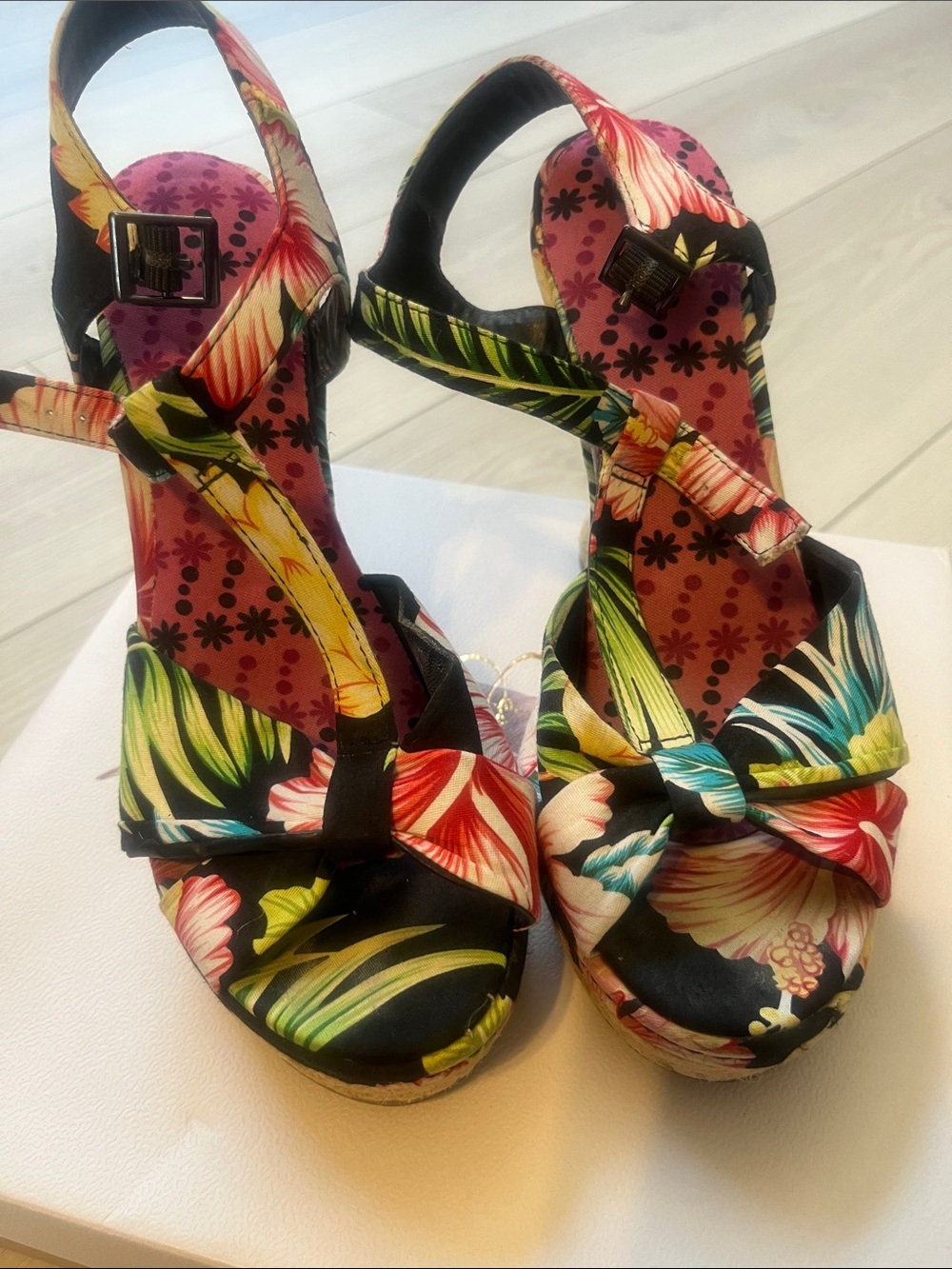 Tropical Floral Platform Wedge Sandals - Pink/Multicolor 8.5